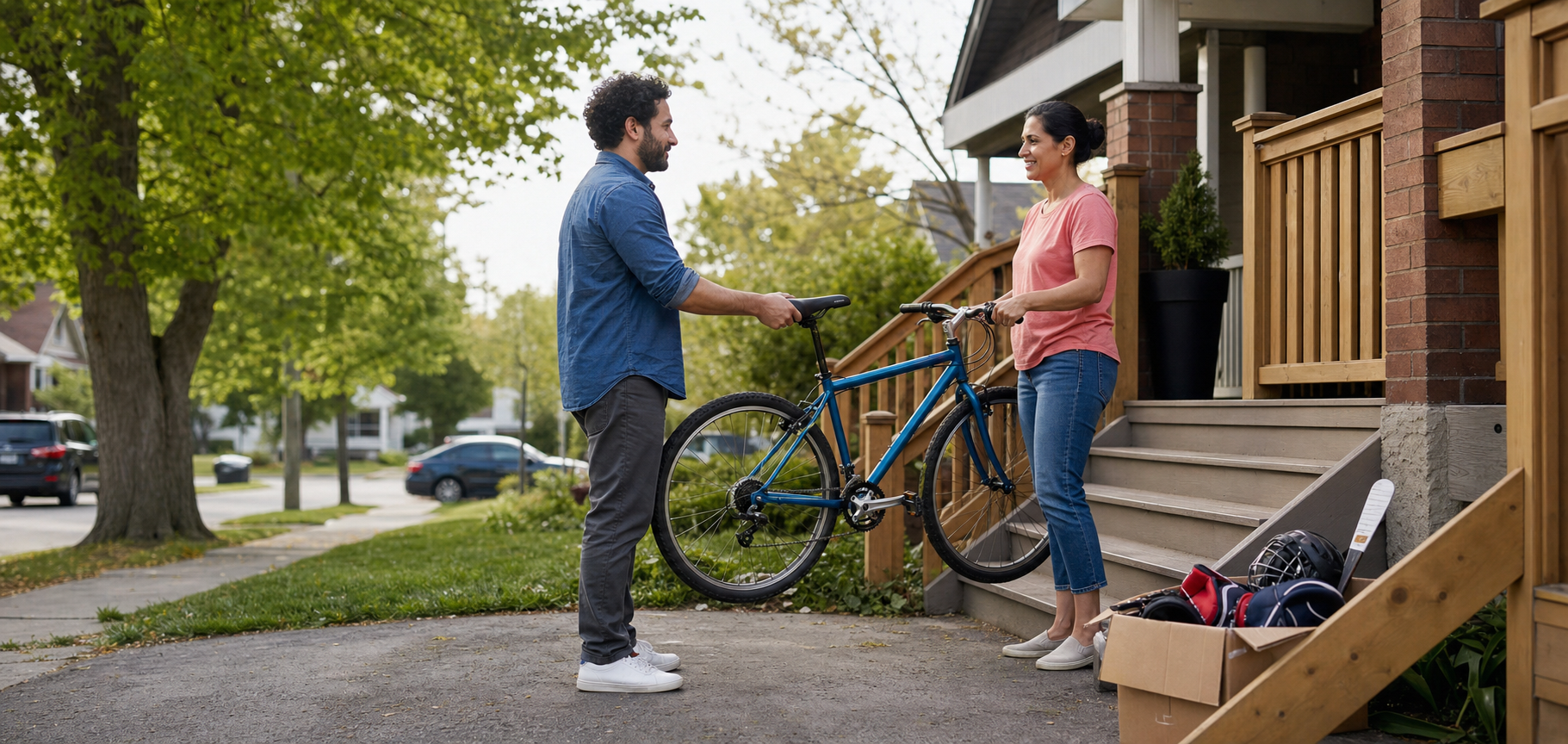 Two neighbours exchanging a used bicycle during a local porch pickup.